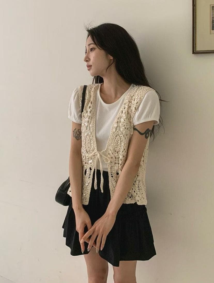 2026 여름 새로운 프랑스식 홀로우 아웃 자수 보헤미안 연령 감소 다용도 스팽글 오픈 가디건 베스트 외부 잡아라. 의류 상세 이미지 9