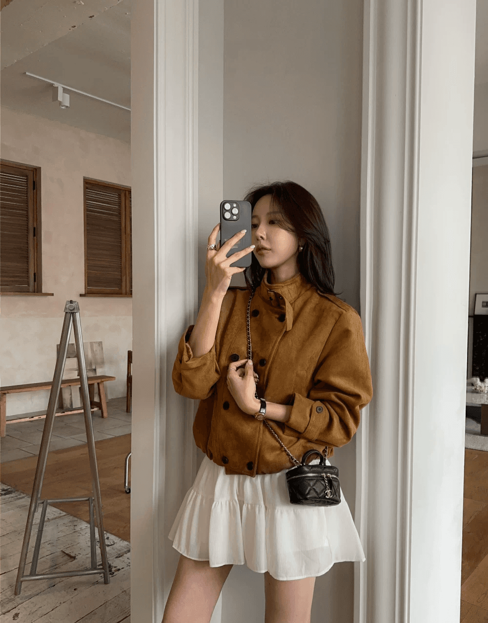 여성 코트 한국 동대문 레트로 다용도 사슴 캐시미어 루즈핏 스웨이드 원단 오토바이 서비스 스탠드 칼라 재킷 짧은 맨위 상세 이미지 5