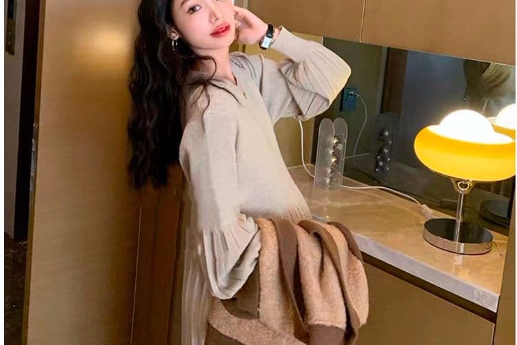 2025 출산 착용 가을 겨울 새로운 루즈핏 세련된 섹션 거품 소매 기본 스커트 스웨터 드레스 무릎 아래 롱 코트 드레스 상세 이미지 34