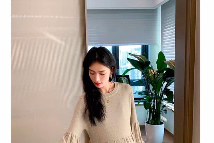 2025 출산 착용 가을 겨울 새로운 루즈핏 세련된 섹션 거품 소매 기본 스커트 스웨터 드레스 무릎 아래 롱 코트 드레스 상세 이미지 45