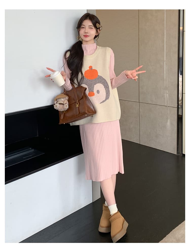 실사 2026 봄 가을 새로운 한국 스타일 루즈핏 베스트 반하이넥 루즈핏 니트 드레스 투피스 세트 상세 이미지 20