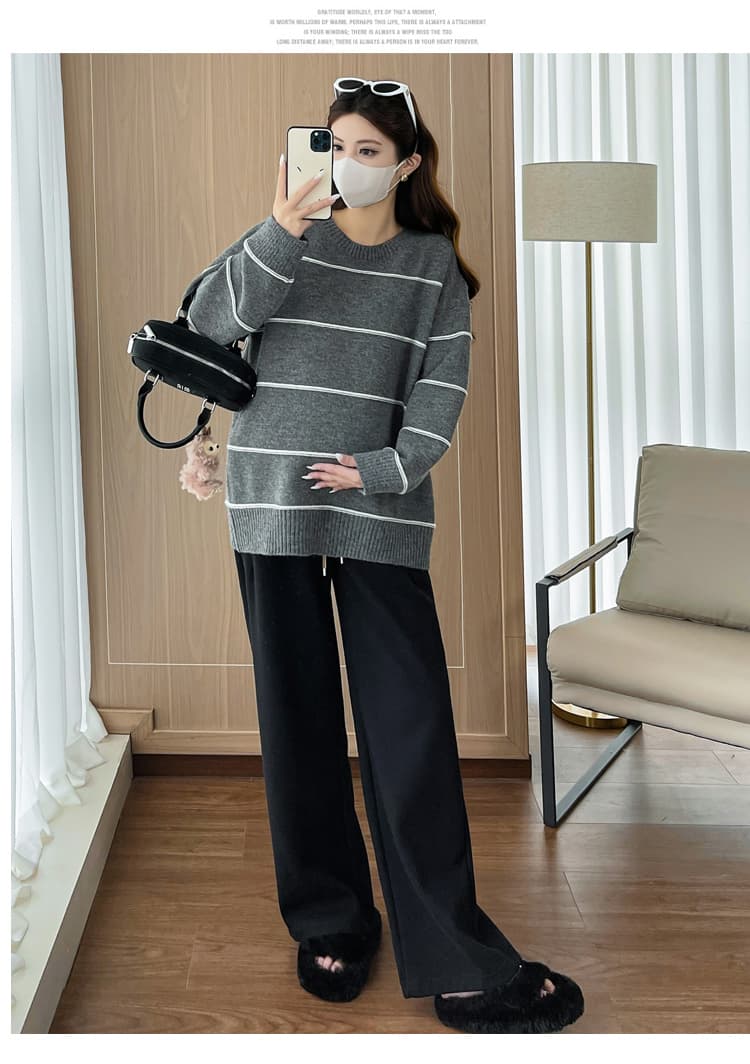 실사 2025 임산부 가을 겨울 의류 세트 스트라이프 스웨터 여자 겨울 임산부 셰닐 바지 투피스 슈트 상세 이미지 22