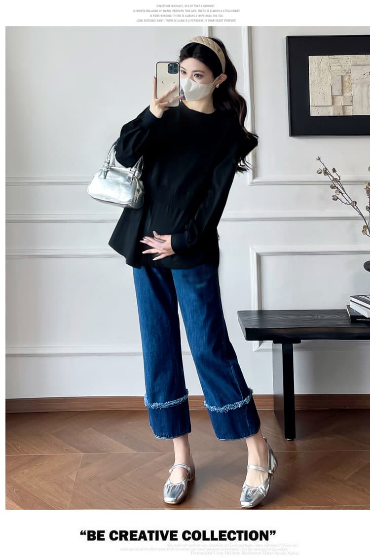 실사 2026 새로운 출산 착용 루즈핏 페이크 레이어드 니트 패치워크 셔츠 복부 지지 임산부 바지 투피스 세트 상세 이미지 21