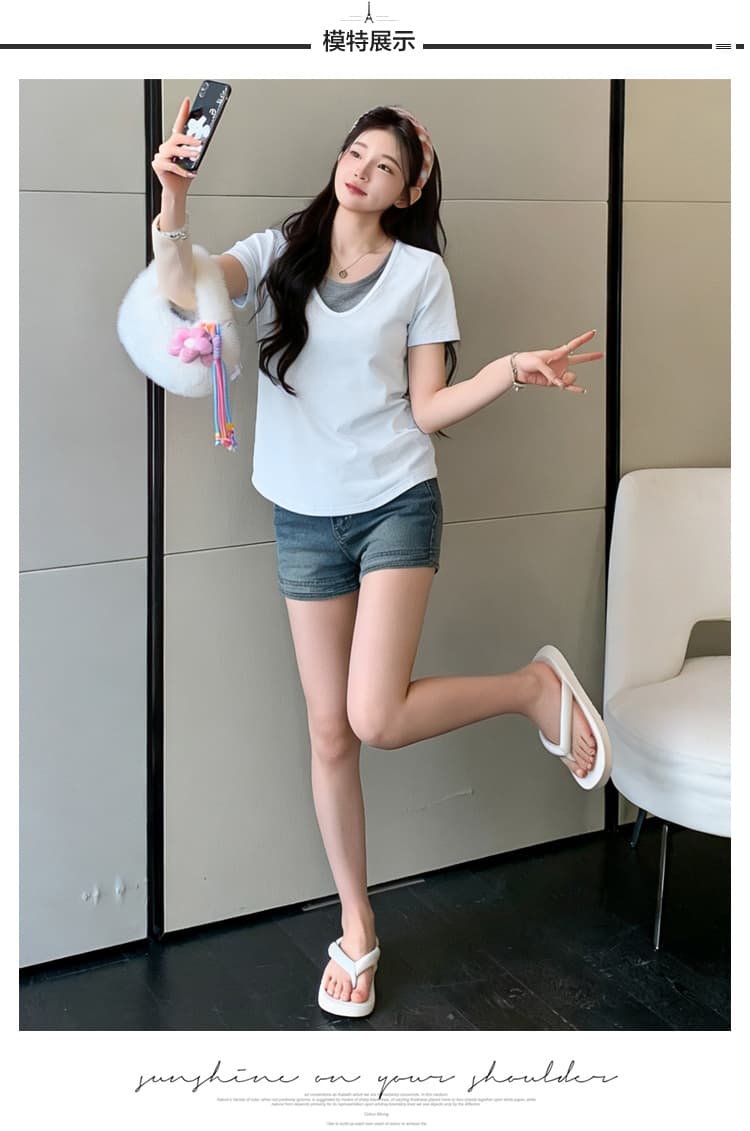 실사 2026 새로운 출산 착용 페이크 레이어드 배색 V넥 반팔 여름 한국 스타일 루즈핏 슬림해 보이는 캐주얼 맨위 상세 이미지 10