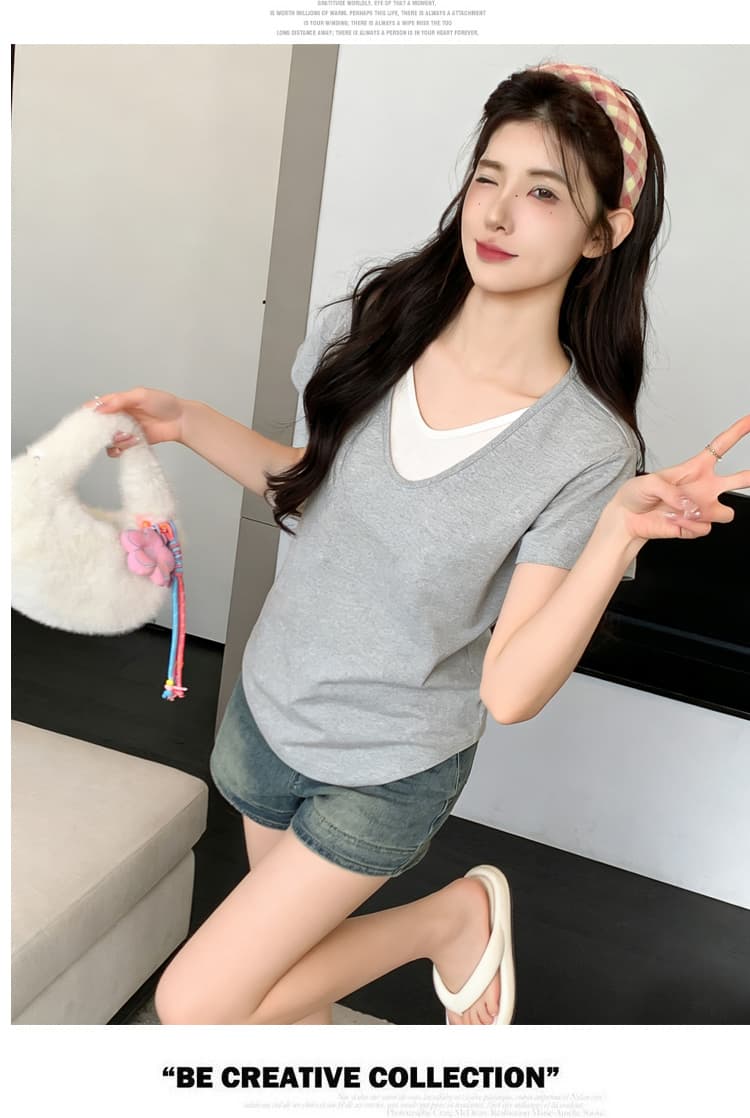 실사 2026 새로운 출산 착용 페이크 레이어드 배색 V넥 반팔 여름 한국 스타일 루즈핏 슬림해 보이는 캐주얼 맨위 상세 이미지 20