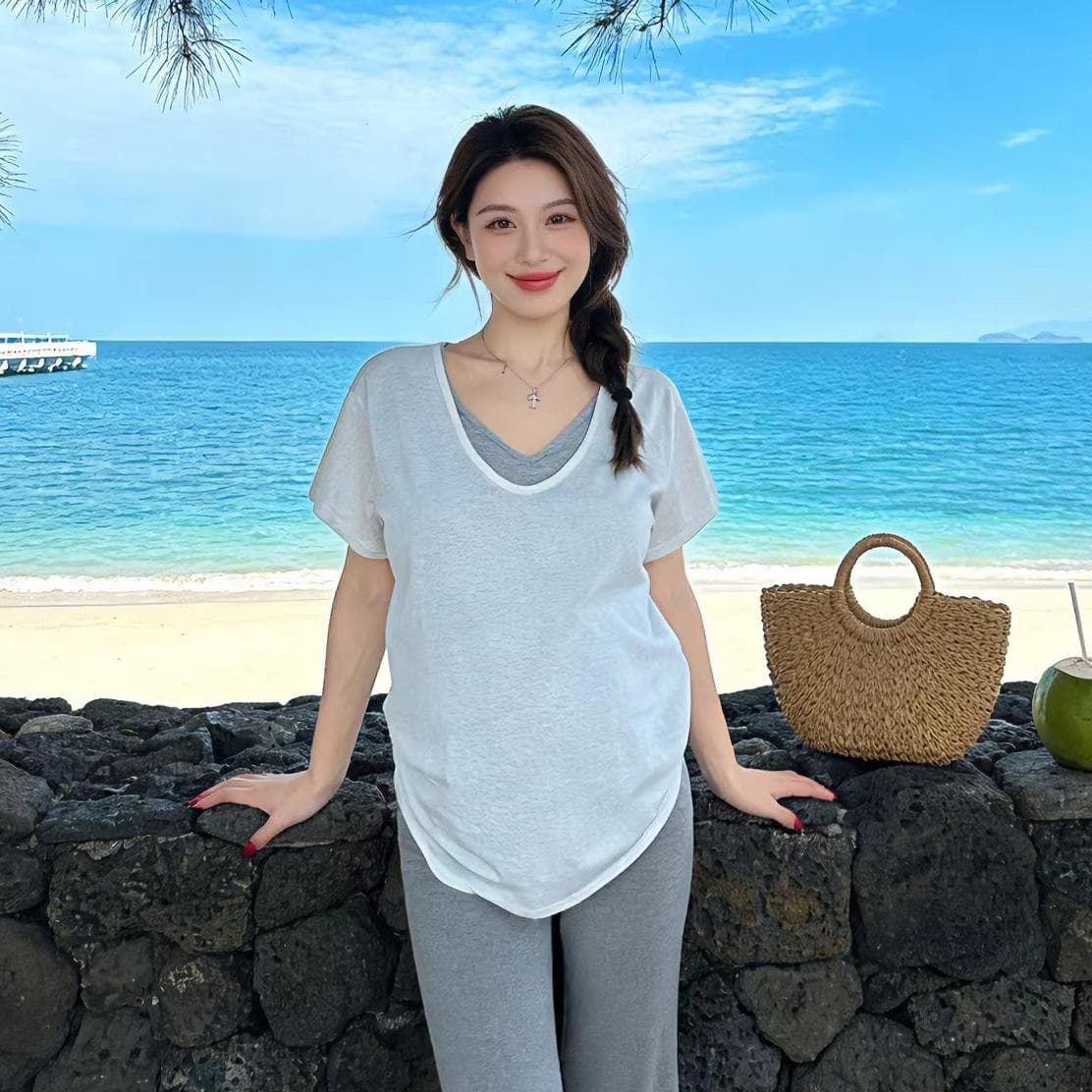 2026 새로운 출산 착용 페이크 레이어드 배색 V넥 반팔 여름 한국 스타일 루즈핏 슬림해 보이는 캐주얼 맨위 상세 이미지 9