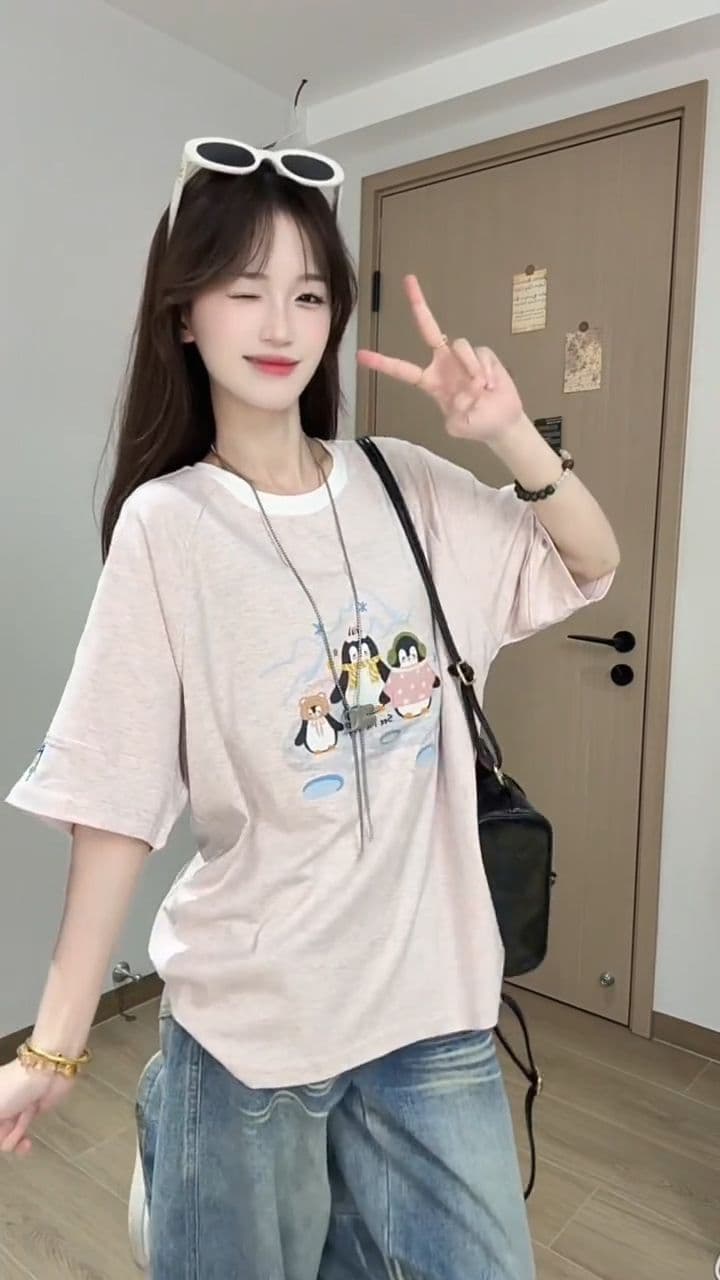 2026 여름 새로운 출산 착용 자수 스트라이프 루즈핏 라운드 넥 맨위 빅 사이즈 다용도 여성 의류 티셔츠 이미지 3