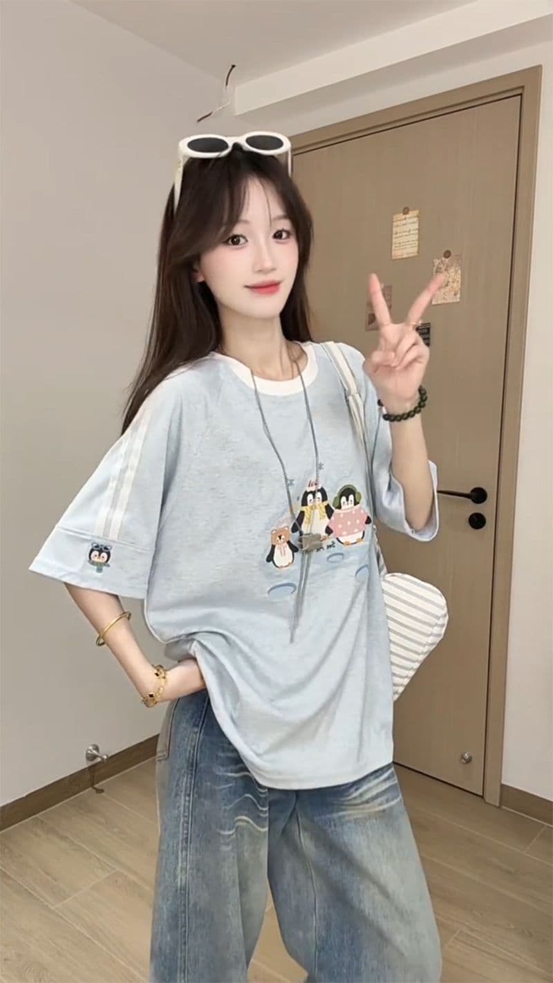 2026 여름 새로운 출산 착용 자수 스트라이프 루즈핏 라운드 넥 맨위 빅 사이즈 다용도 여성 의류 티셔츠 이미지 5