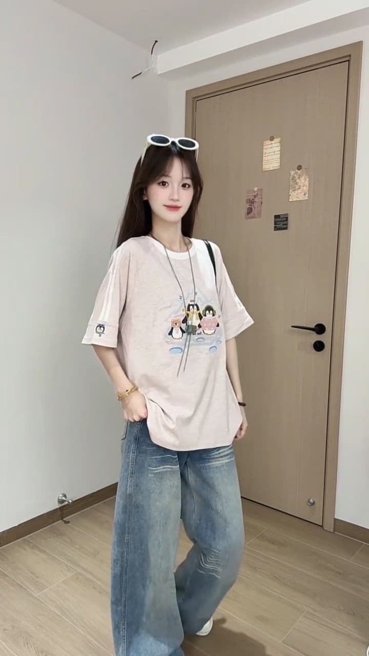 2026 여름 새로운 출산 착용 자수 스트라이프 루즈핏 라운드 넥 맨위 빅 사이즈 다용도 여성 의류 티셔츠 상세 이미지 7