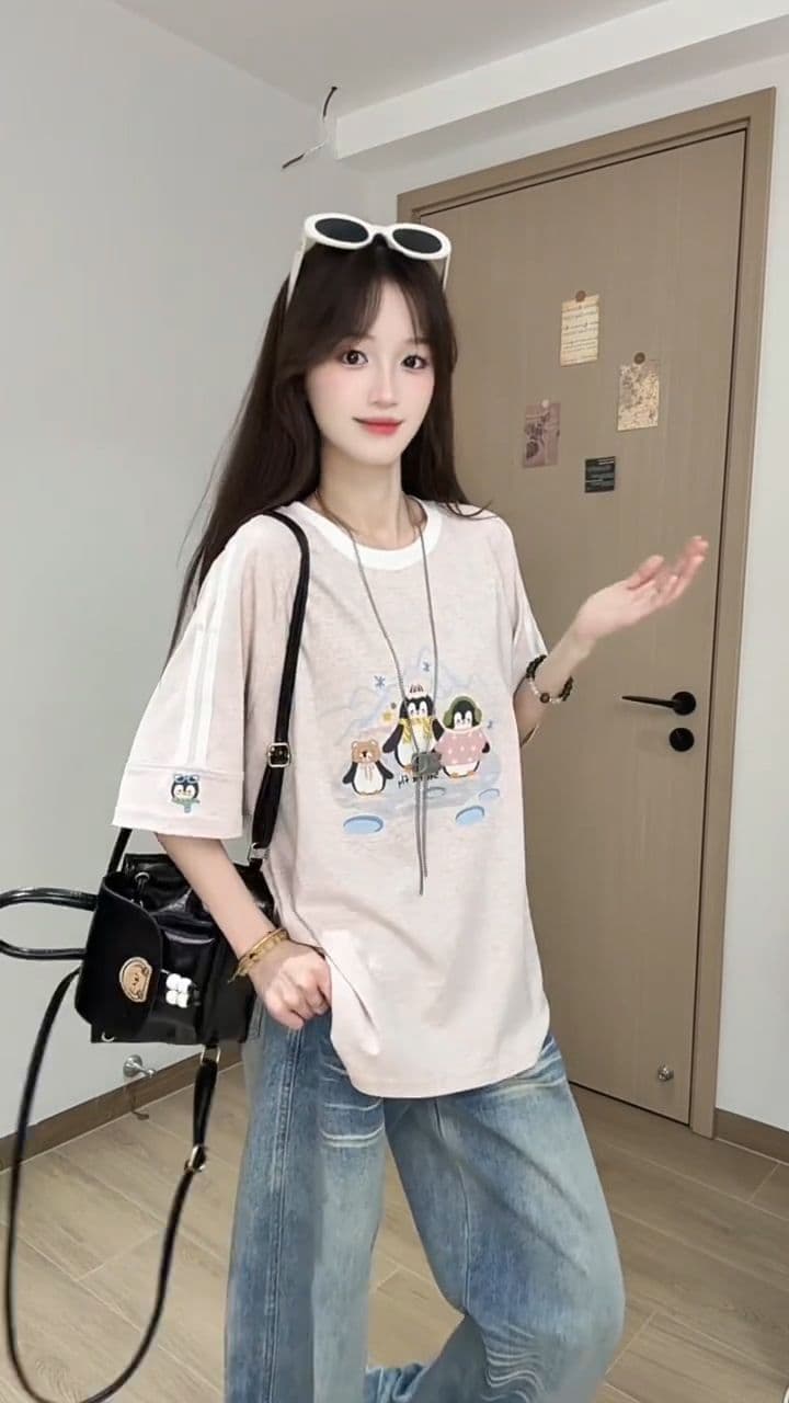 2026 여름 새로운 출산 착용 자수 스트라이프 루즈핏 라운드 넥 맨위 빅 사이즈 다용도 여성 의류 티셔츠 상세 이미지 9