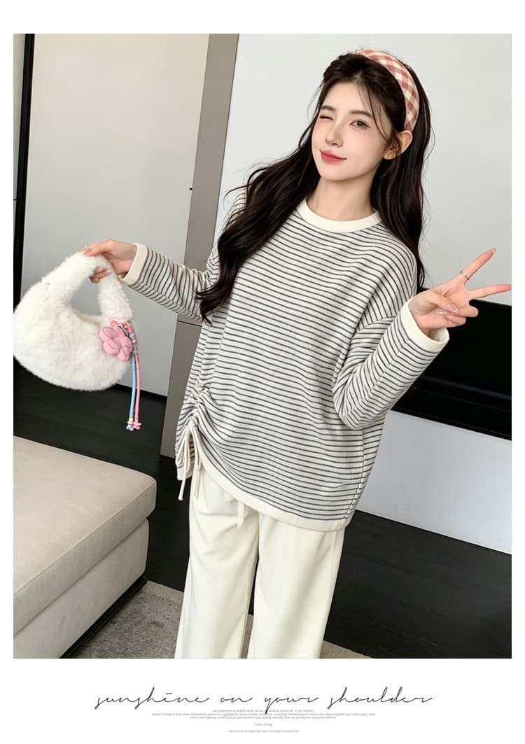 실사 2026 출산 착용 가을 겨울 새로운 라운드 넥 스트라이프 스웨터 패션 캐주얼 루즈핏 슬림해 보이는 다용도 출산 착용 상세 이미지 22