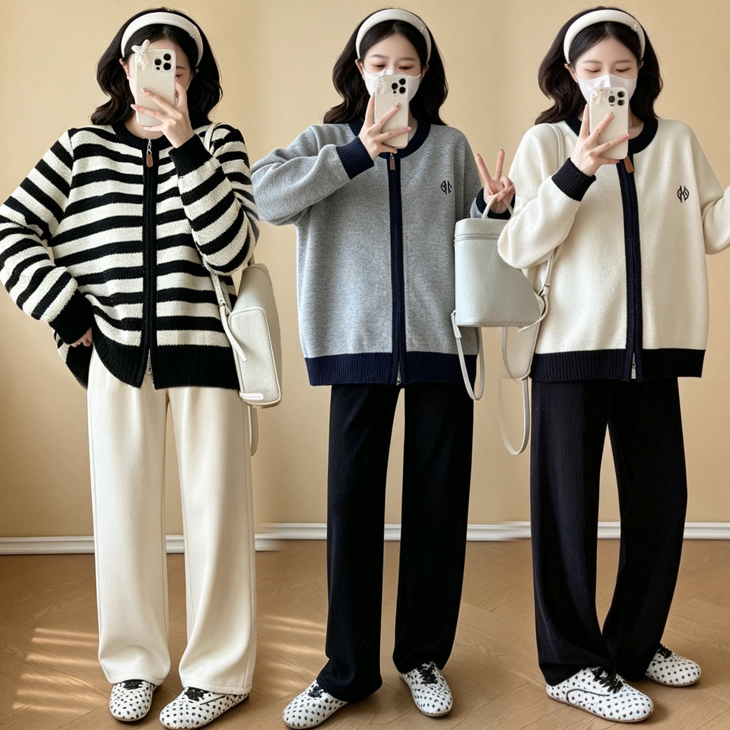 실사 2026 출산 착용 가을 겨울 새로운 자수 니트 긴 소매 두꺼운 오픈 가디건 임산부 바지 투피스 세트 이미지 4