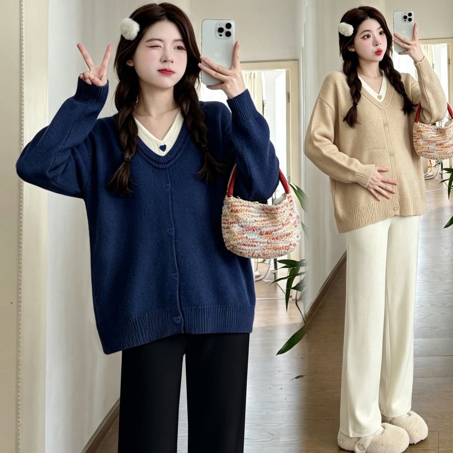 실사 2026 새로운 임산부 페이크 레이어드 V넥 스웨터 겨울 만나는 인사이드 가져 가라. 슬림해 보이는 풀오버 니트 맨위 이미지 3