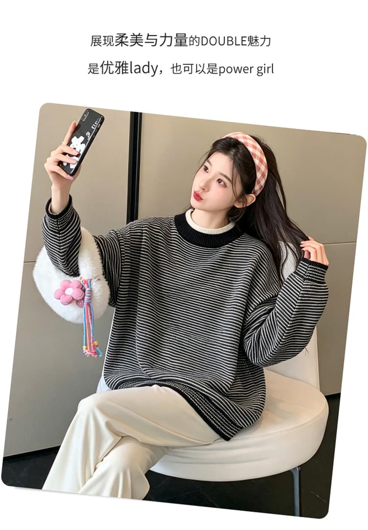 실사 2026 출산 착용 스트라이프 스웨터 가을 겨울 새로운 느긋한 바람 캐주얼 루즈핏 슬림해 보이는 다용도 풀오버 맨위 상세 이미지 2