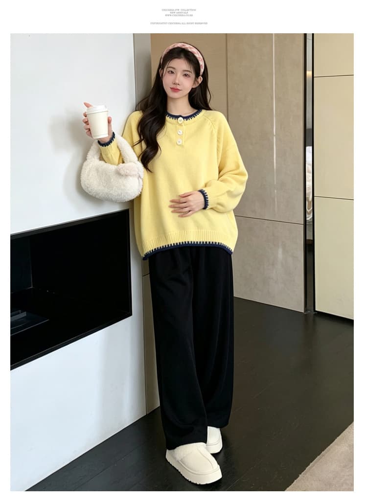 실사 2026 가을 겨울 새로운 출산 착용 스탠드 칼라 루즈핏 두꺼운 스웨터 풀오버 임산부 바지 투피스 세트 상세 이미지 11