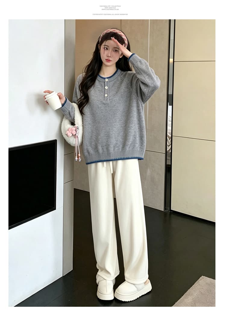 실사 2026 가을 겨울 새로운 출산 착용 스탠드 칼라 루즈핏 두꺼운 스웨터 풀오버 임산부 바지 투피스 세트 상세 이미지 17