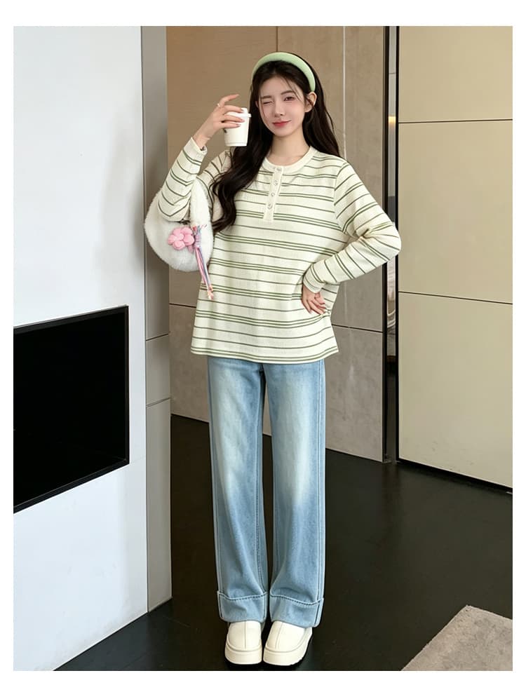 실사 2026 임산부 가을 새로운 긴팔 패션 V넥 스트라이프 캐주얼 루즈핏 티셔츠 임산부 바지 투피스 세트 상세 이미지 18