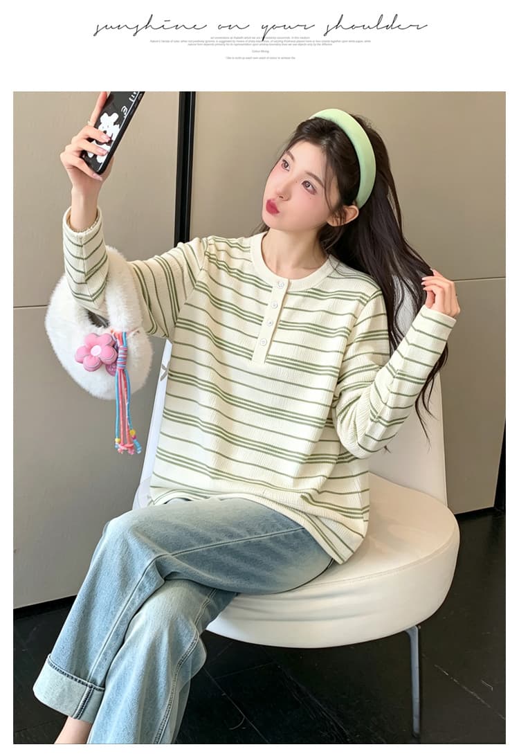 실사 2026 임산부 가을 새로운 긴팔 패션 V넥 스트라이프 캐주얼 루즈핏 티셔츠 임산부 바지 투피스 세트 상세 이미지 19