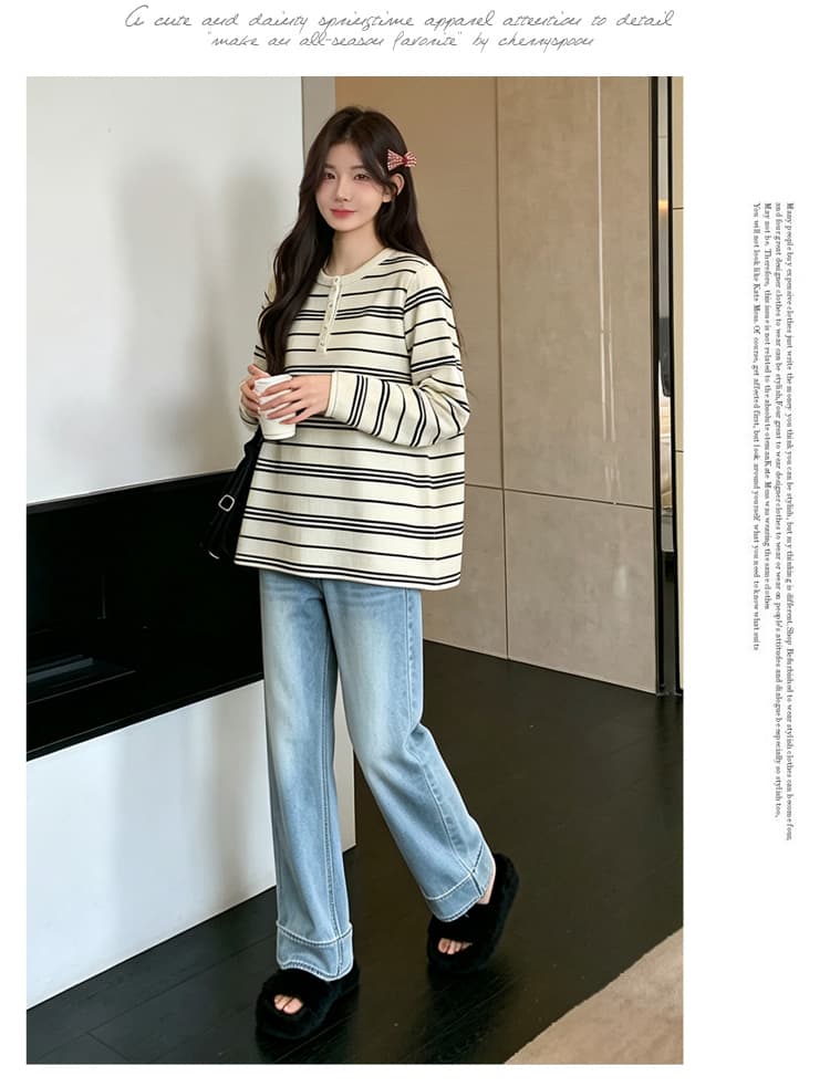실사 2026 임산부 가을 새로운 긴팔 패션 V넥 스트라이프 캐주얼 루즈핏 티셔츠 임산부 바지 투피스 세트 상세 이미지 20