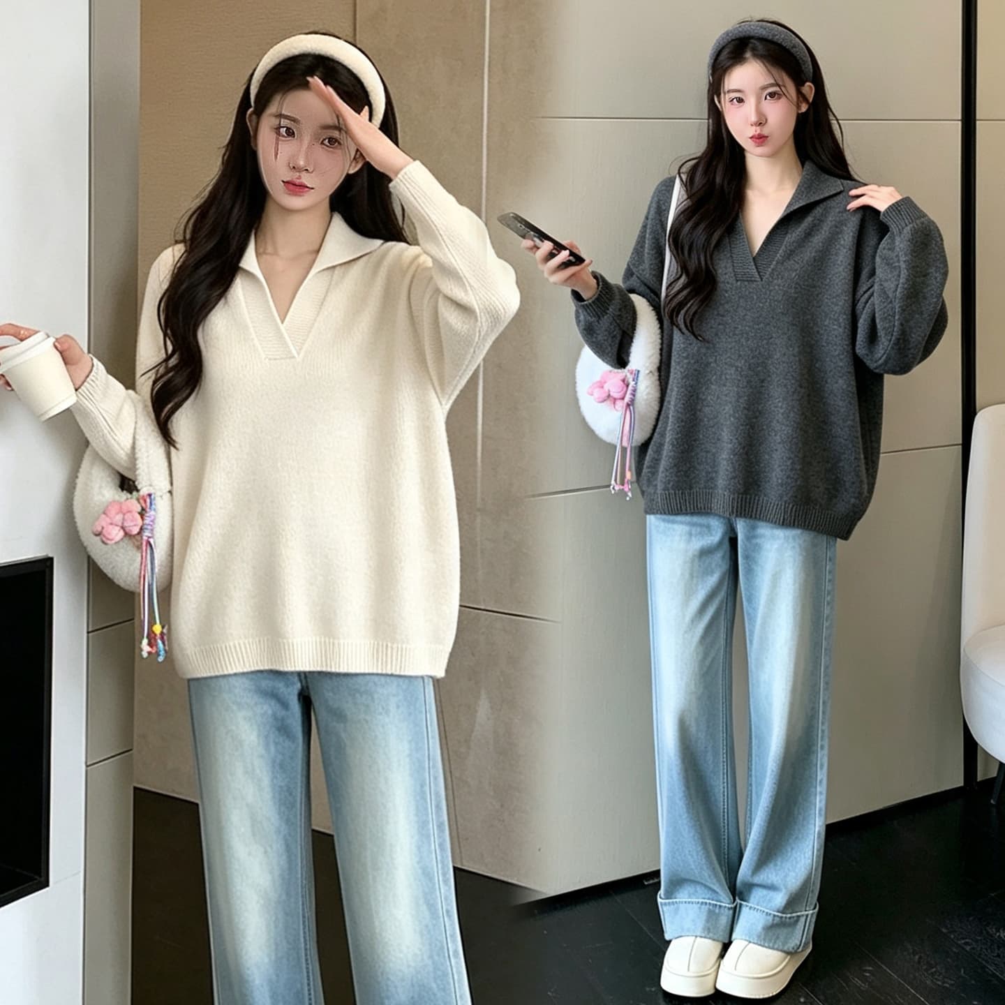 실사 2026 임산부 가을 새로운 긴팔 패션 폴로 칼라 V넥 캐주얼 루즈핏 티셔츠 임산부 바지 투피스 세트 이미지 2
