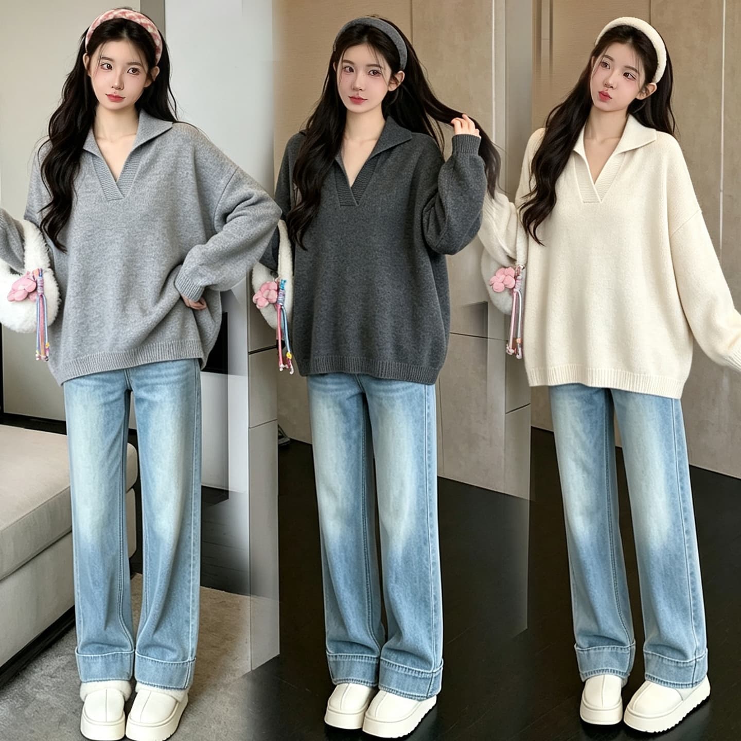 실사 2026 임산부 가을 새로운 긴팔 패션 폴로 칼라 V넥 캐주얼 루즈핏 티셔츠 임산부 바지 투피스 세트 이미지 4