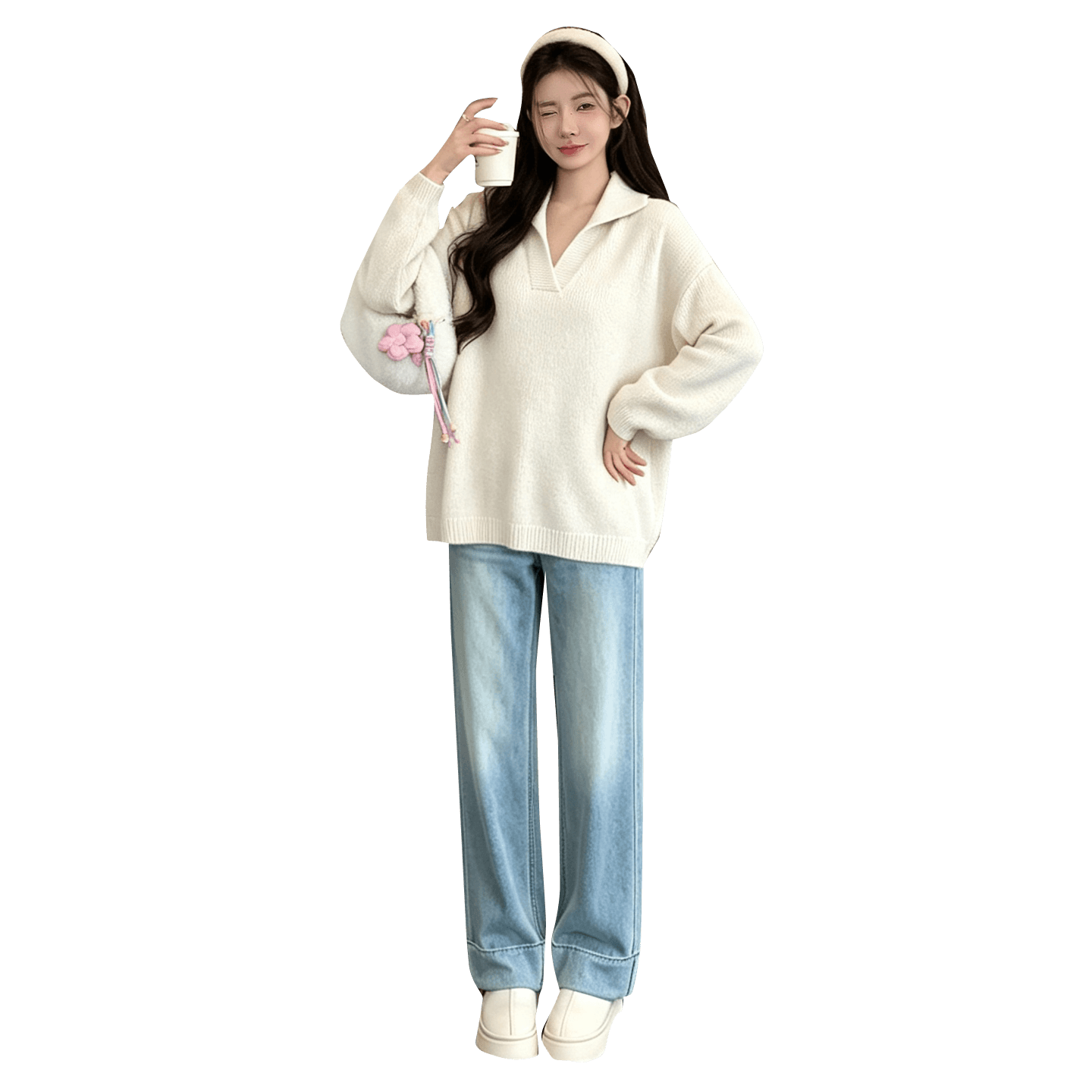 실사 2026 임산부 가을 새로운 긴팔 패션 폴로 칼라 V넥 캐주얼 루즈핏 티셔츠 임산부 바지 투피스 세트 이미지 5