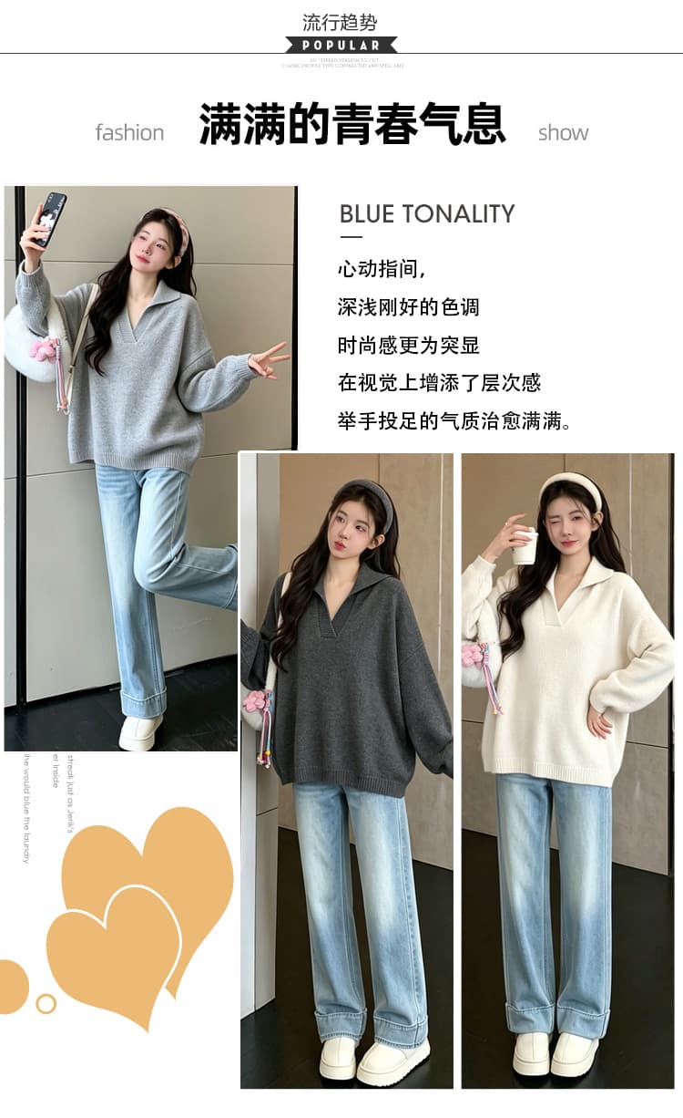 실사 2026 임산부 가을 새로운 긴팔 패션 폴로 칼라 V넥 캐주얼 루즈핏 티셔츠 임산부 바지 투피스 세트 상세 이미지 3