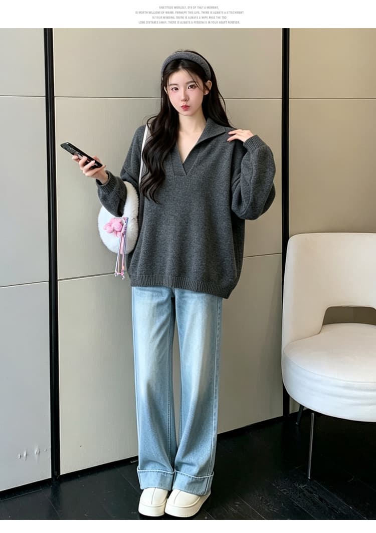 실사 2026 임산부 가을 새로운 긴팔 패션 폴로 칼라 V넥 캐주얼 루즈핏 티셔츠 임산부 바지 투피스 세트 상세 이미지 21