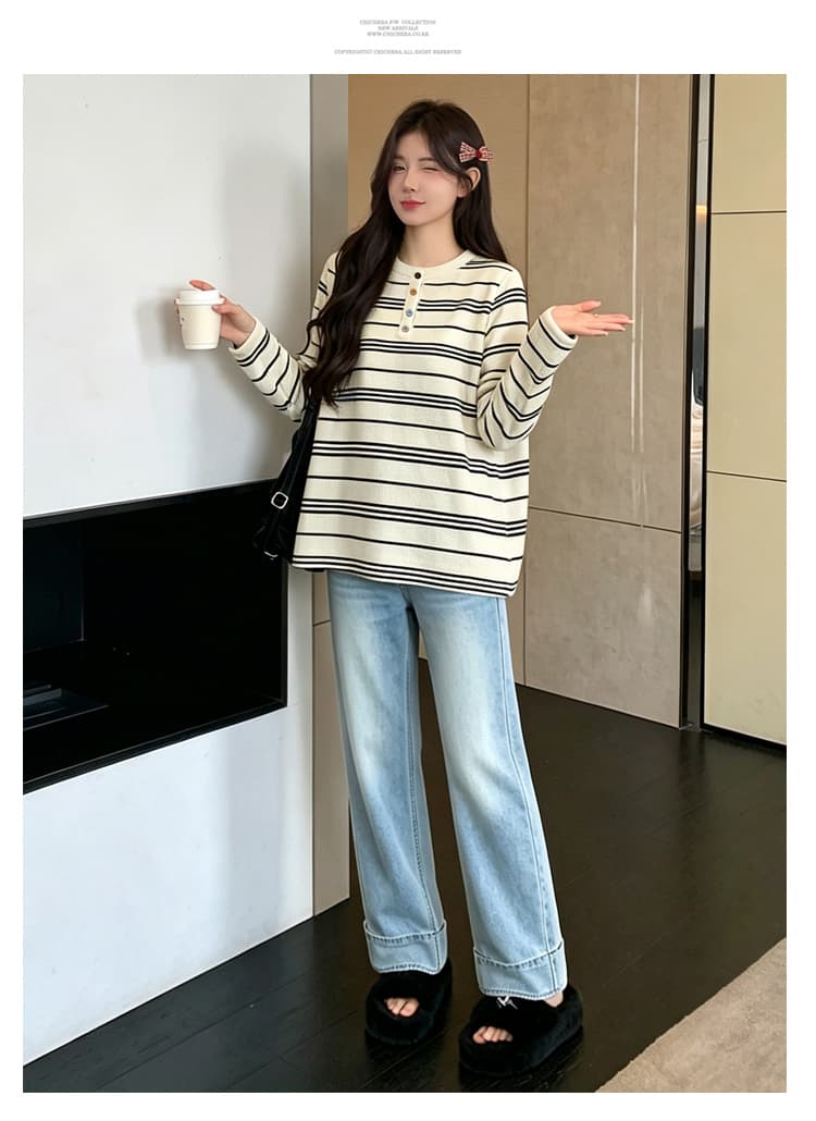 실사 2026 임산부 가을 새로운 긴팔 패션 V넥 스트라이프 캐주얼 루즈핏 티셔츠 임산부 바지 투피스 세트 상세 이미지 13