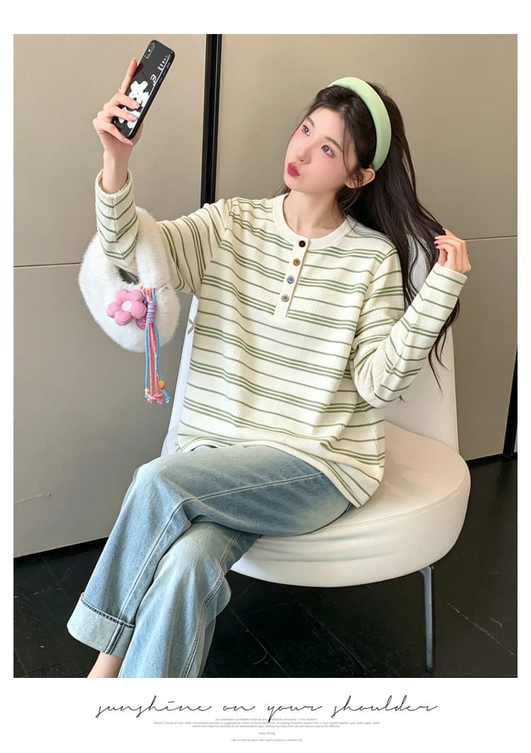 실사 2026 임산부 가을 새로운 긴팔 패션 V넥 스트라이프 캐주얼 루즈핏 티셔츠 임산부 바지 투피스 세트 상세 이미지 23