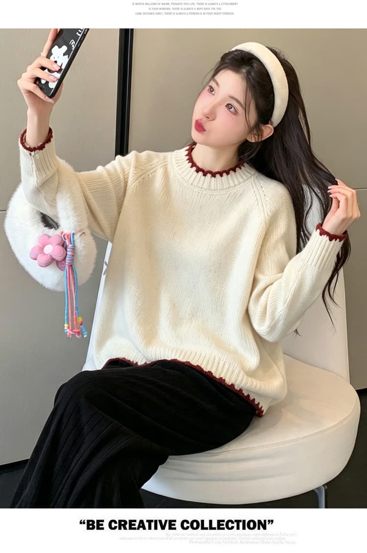 실사 2026 가을 겨울 새로운 출산 착용 배색 물결무늬 레이스 루즈핏 스웨터 풀오버 임산부 바지 투피스 세트 상세 이미지 16