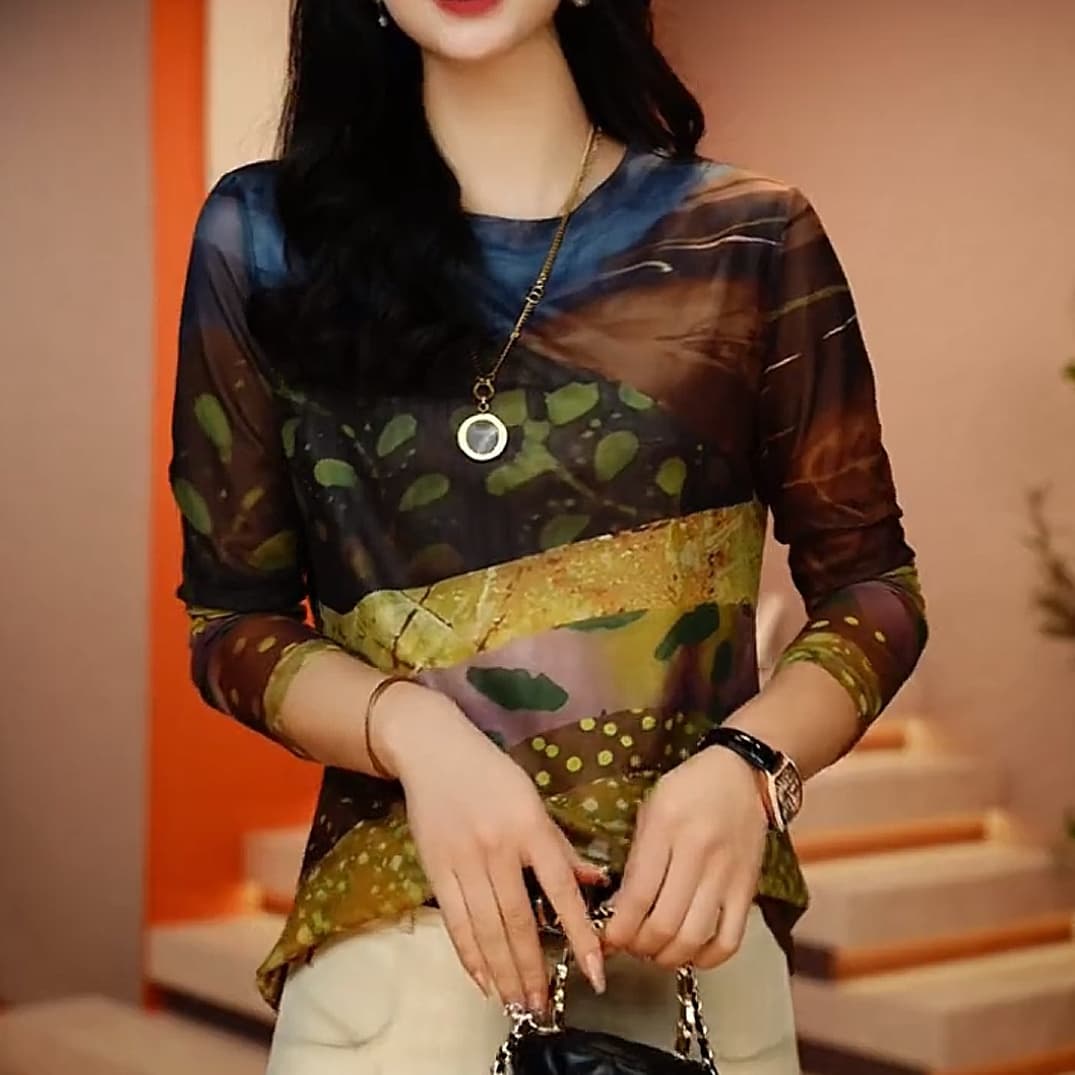 고급 프린트 망사 티셔츠 여성 새로운 긴팔 봄 외국 가스 Chic 기본 셔츠 맨위 고급 센스 트렌디 이미지 4