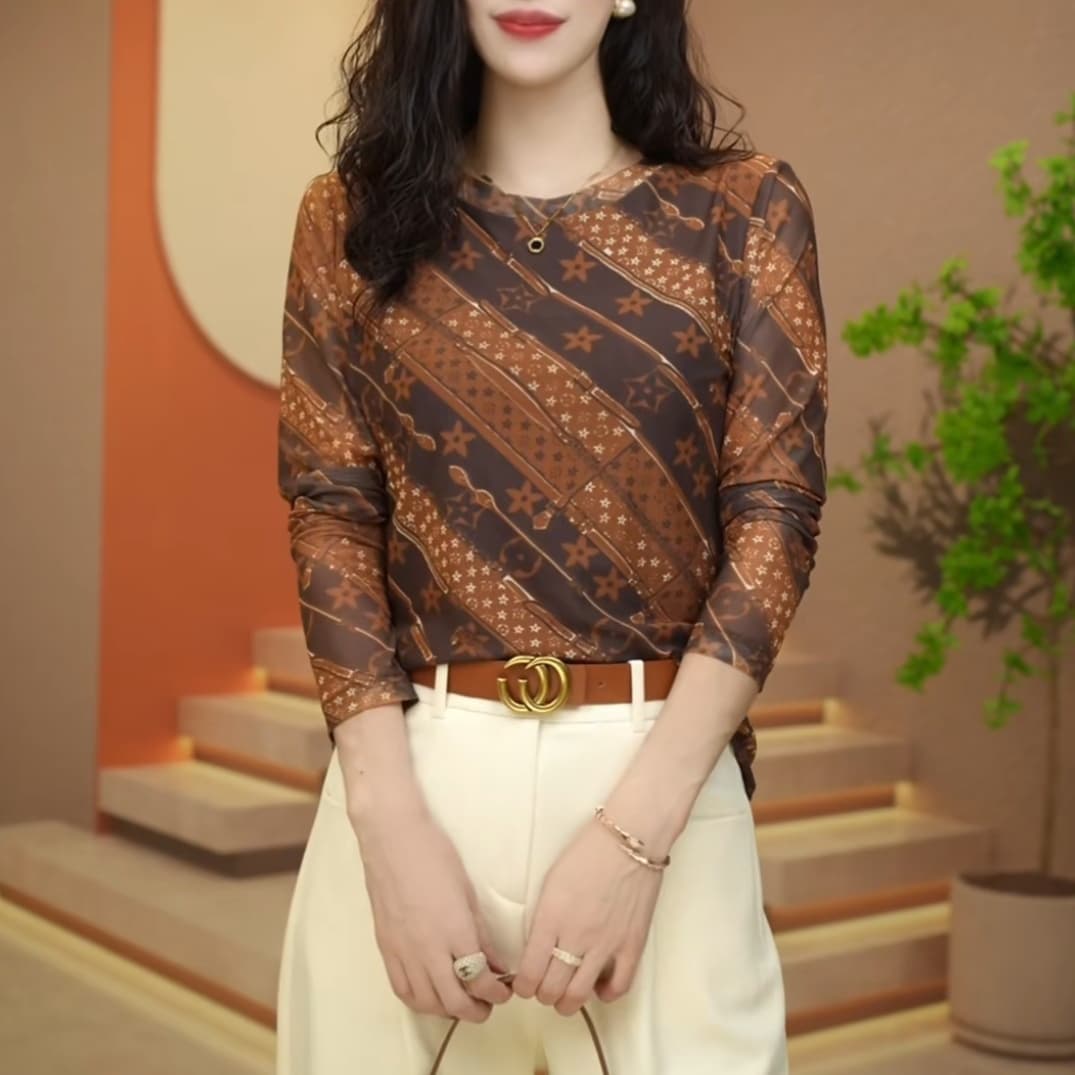 이중층 피부 망사 맨위 여성 봄 가을 외국 가스 연령 감소 몸매 가꾸기 꽃무늬 라운드 넥 작은 셔츠 만나는 티셔츠 이미지 5