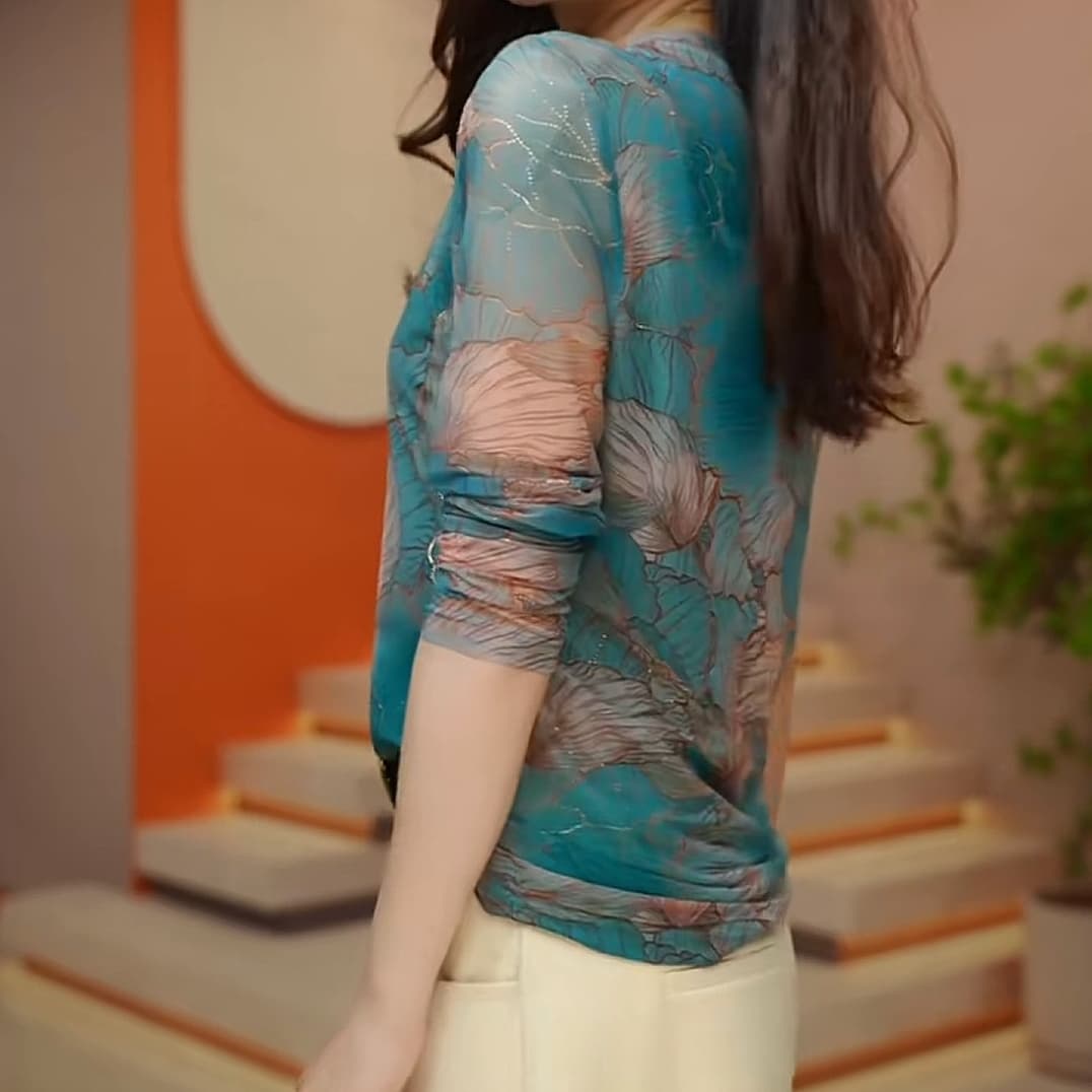 이중층 피부 망사 맨위 여성 봄 가을 외국 가스 연령 감소 몸매 가꾸기 꽃무늬 라운드 넥 작은 셔츠 만나는 티셔츠 이미지 3