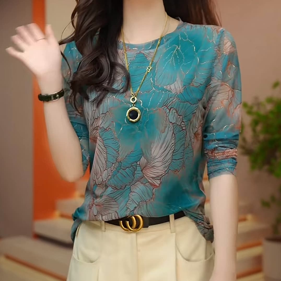 이중층 피부 망사 맨위 여성 봄 가을 외국 가스 연령 감소 몸매 가꾸기 꽃무늬 라운드 넥 작은 셔츠 만나는 티셔츠 상세 이미지 4