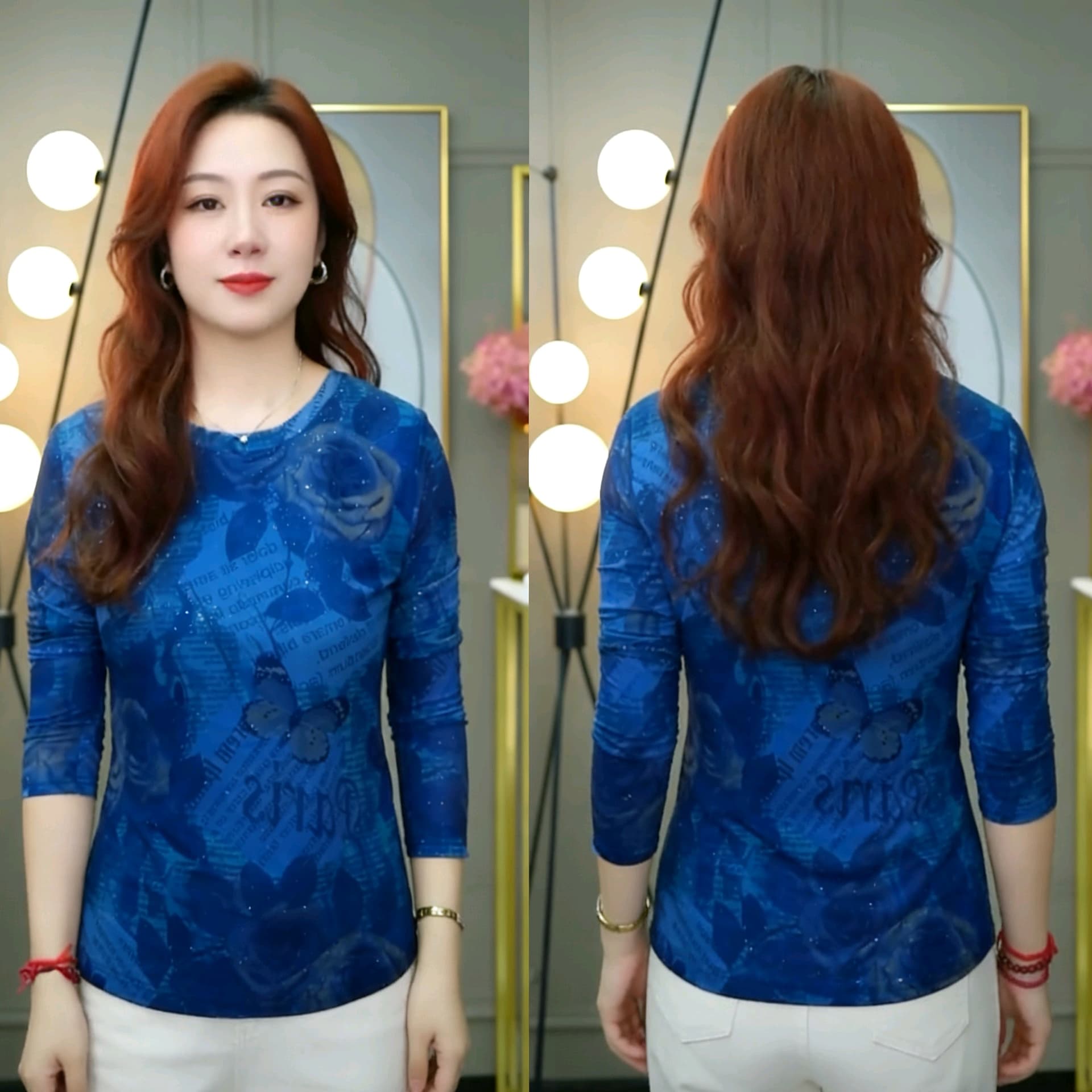 이중층 망사 가을 새로운 고급 센스 표지 고기 슬림해 보이는 패션 라운드 넥 다용도 프린트 긴팔 맨위 이미지 2