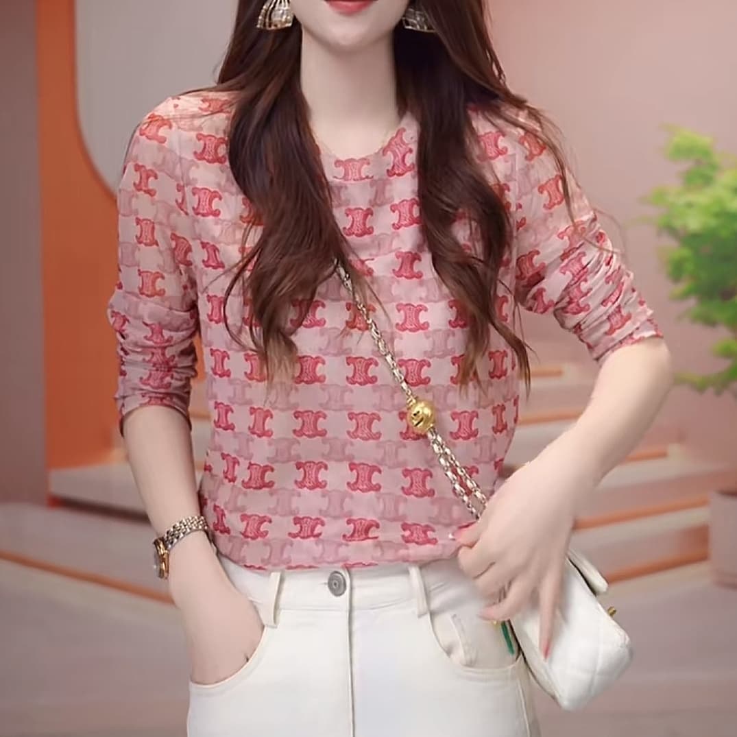 피부 이중층 망사 맨위 고급 센스 슬림해 보이는 만나는 작은 셔츠 여성 봄 가을 새로운 고급 프린트 유럽 상품 이미지 4