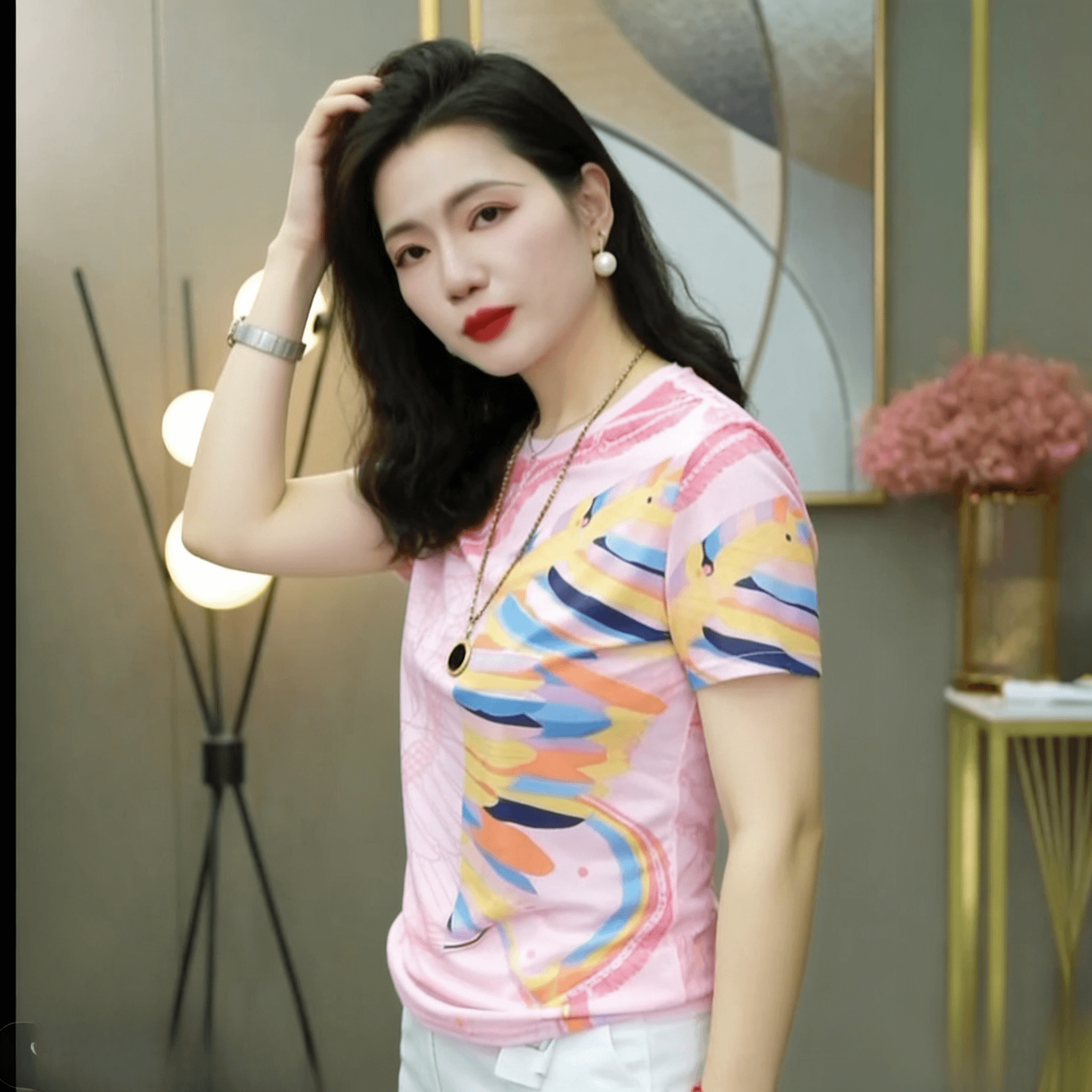 이중층 망사 프린트 티셔츠 여성 여름 어머니 드레스 라운드 넥 반소매 외국 가스 디자인 센스 작은 셔츠 맨위 이미지 4