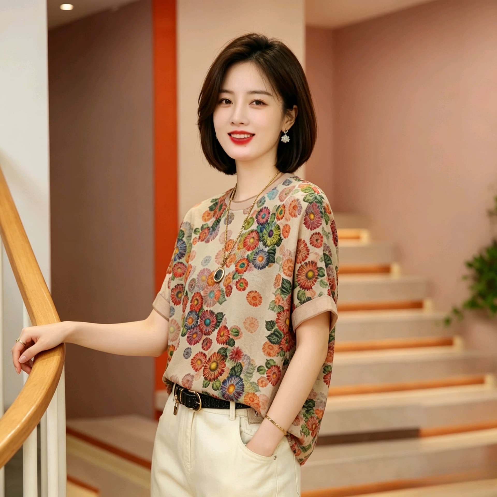 여름 고급 패션 외국 가스 다용도 슬림해 보이는 라운드 넥 기본 셔츠 새로운 루즈핏 캐주얼 반팔 티셔츠 여성 이미지 2