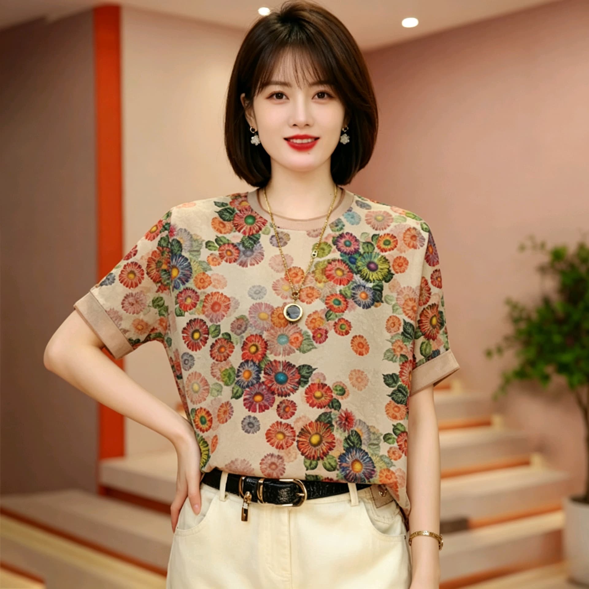 여름 고급 패션 외국 가스 다용도 슬림해 보이는 라운드 넥 기본 셔츠 새로운 루즈핏 캐주얼 반팔 티셔츠 여성 상세 이미지 2