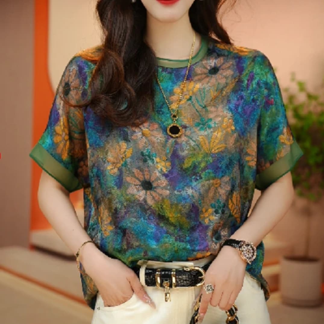 고급 센스 반팔 쉬폰 셔츠 여름 새로운 외국 가스 연령 감소 맨위 루즈핏 슬림해 보이는 표지 고기 티셔츠 여성 이미지 4