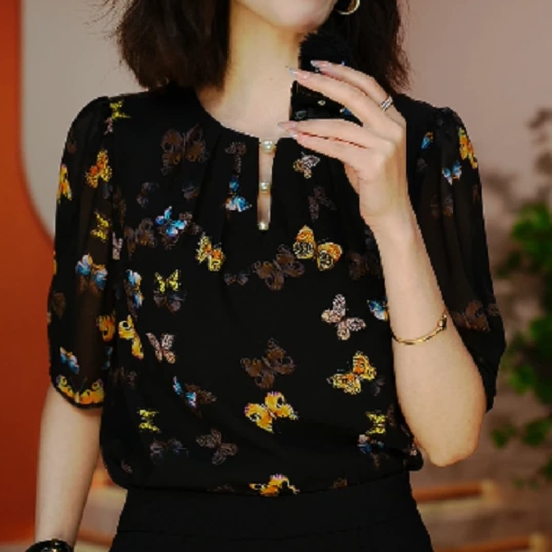 새로운 나비 맨위 셔츠 연령 감소 티셔츠 쉬폰 셔츠 반팔 라운드 넥 프린트 기본 셔츠 여성 여름 상세 이미지 2