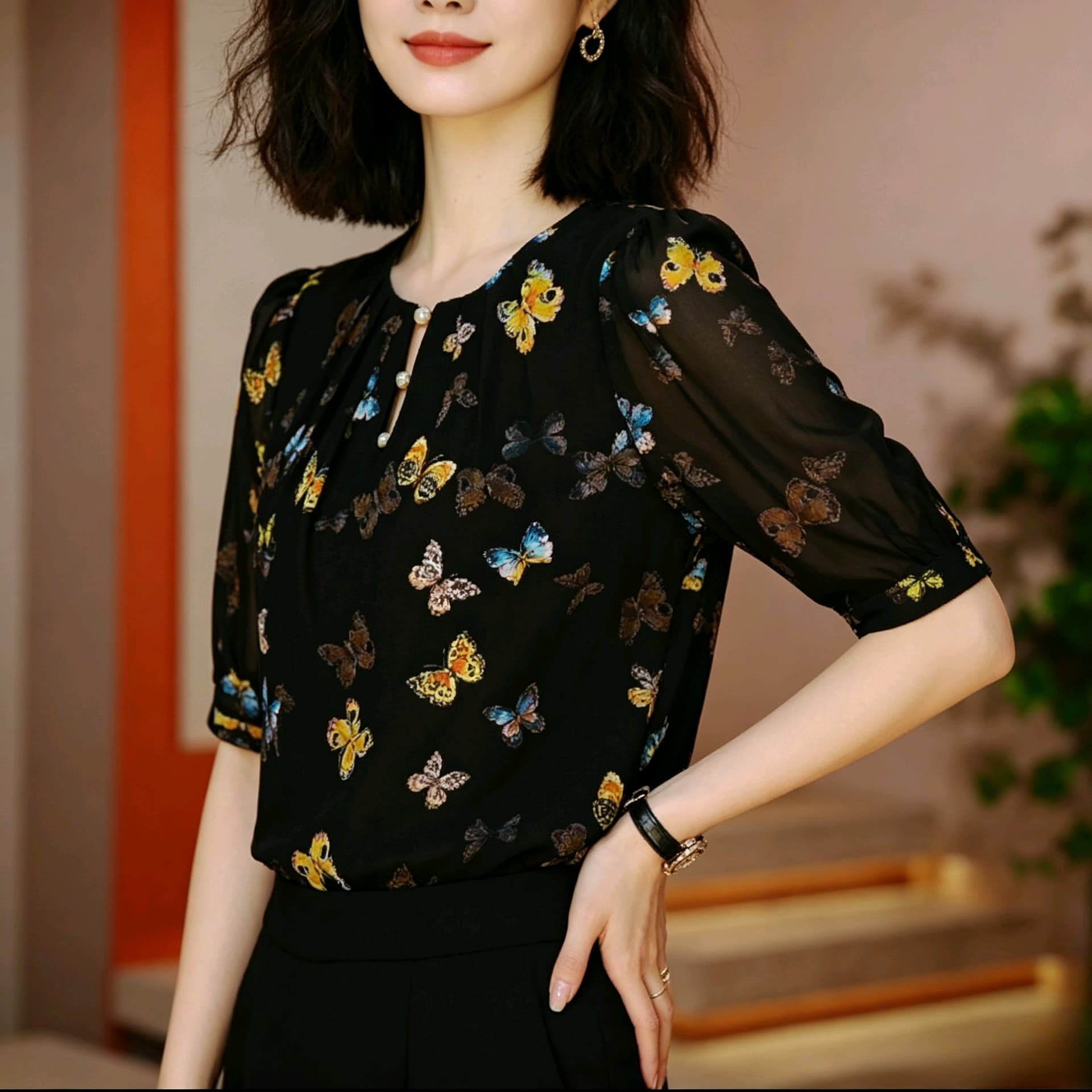 새로운 나비 맨위 셔츠 연령 감소 티셔츠 쉬폰 셔츠 반팔 라운드 넥 프린트 기본 셔츠 여성 여름 상세 이미지 7