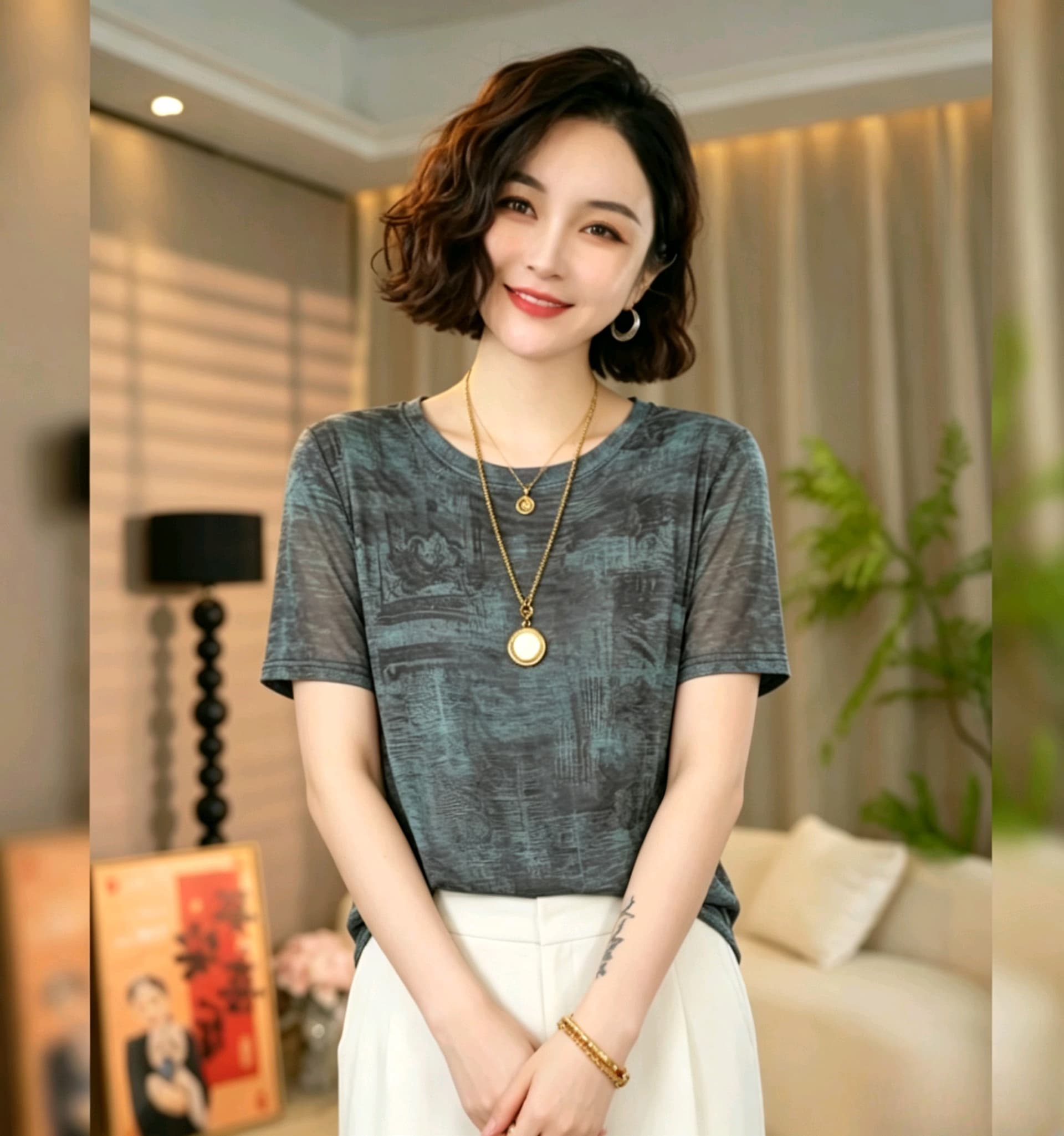 이중층 망사 여름 새로운 고급 센스 표지 고기 슬림해 보이는 패션 라운드 넥 다용도 프린트 반팔 맨위 상세 이미지 5