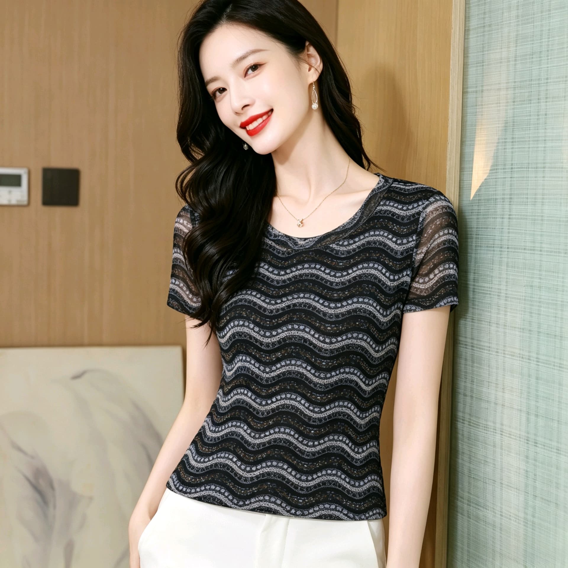 이중층 망사 여름 새로운 고급 센스 표지 고기 슬림해 보이는 패션 라운드 넥 다용도 프린트 반팔 맨위