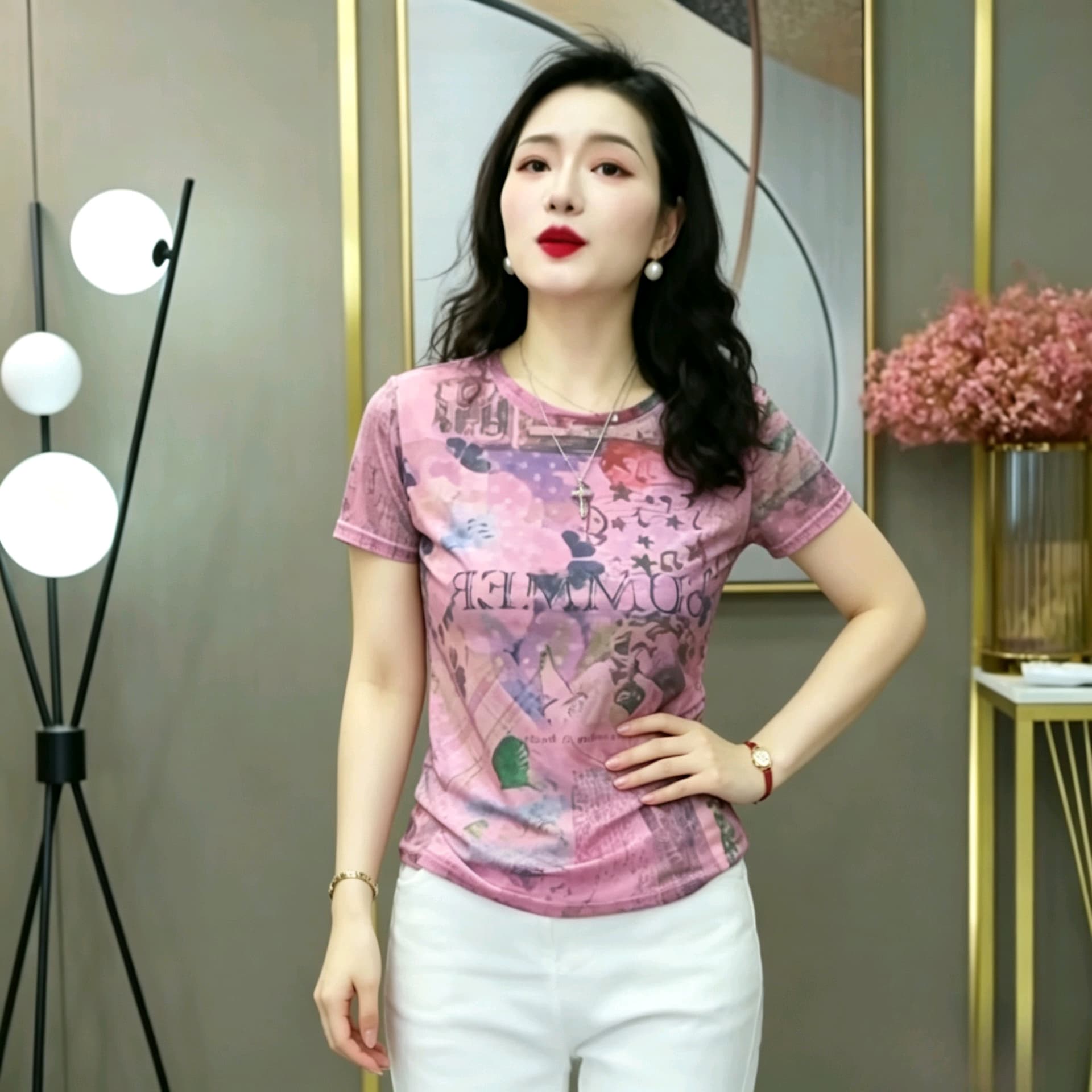 이중층 망사 프린트 티셔츠 여성 여름 어머니 드레스 라운드 넥 반소매 외국 가스 디자인 센스 작은 셔츠 맨위