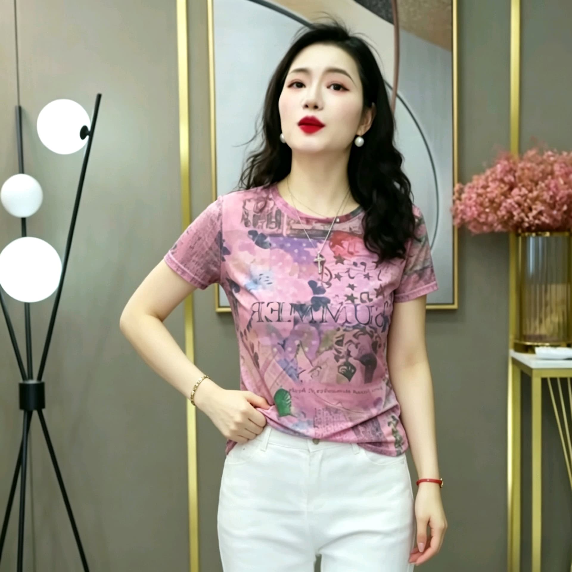 이중층 망사 프린트 티셔츠 여성 여름 어머니 드레스 라운드 넥 반소매 외국 가스 디자인 센스 작은 셔츠 맨위 이미지 2