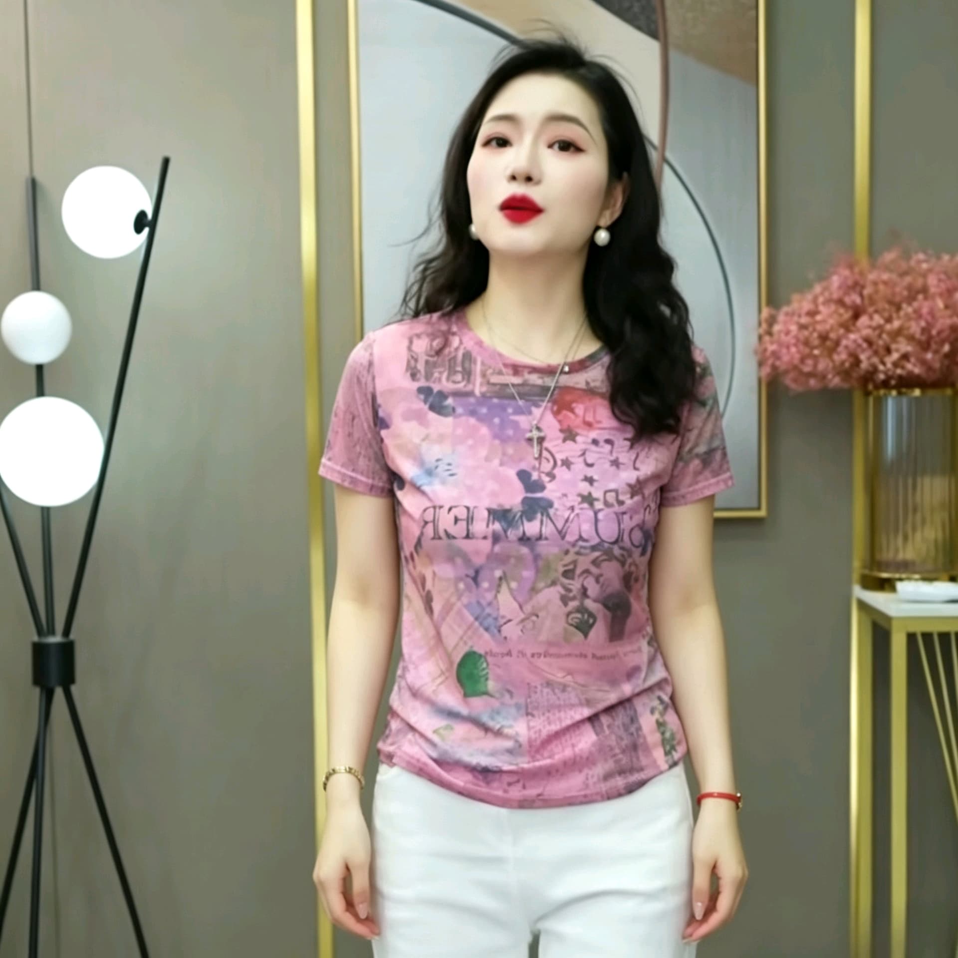 이중층 망사 프린트 티셔츠 여성 여름 어머니 드레스 라운드 넥 반소매 외국 가스 디자인 센스 작은 셔츠 맨위 이미지 4