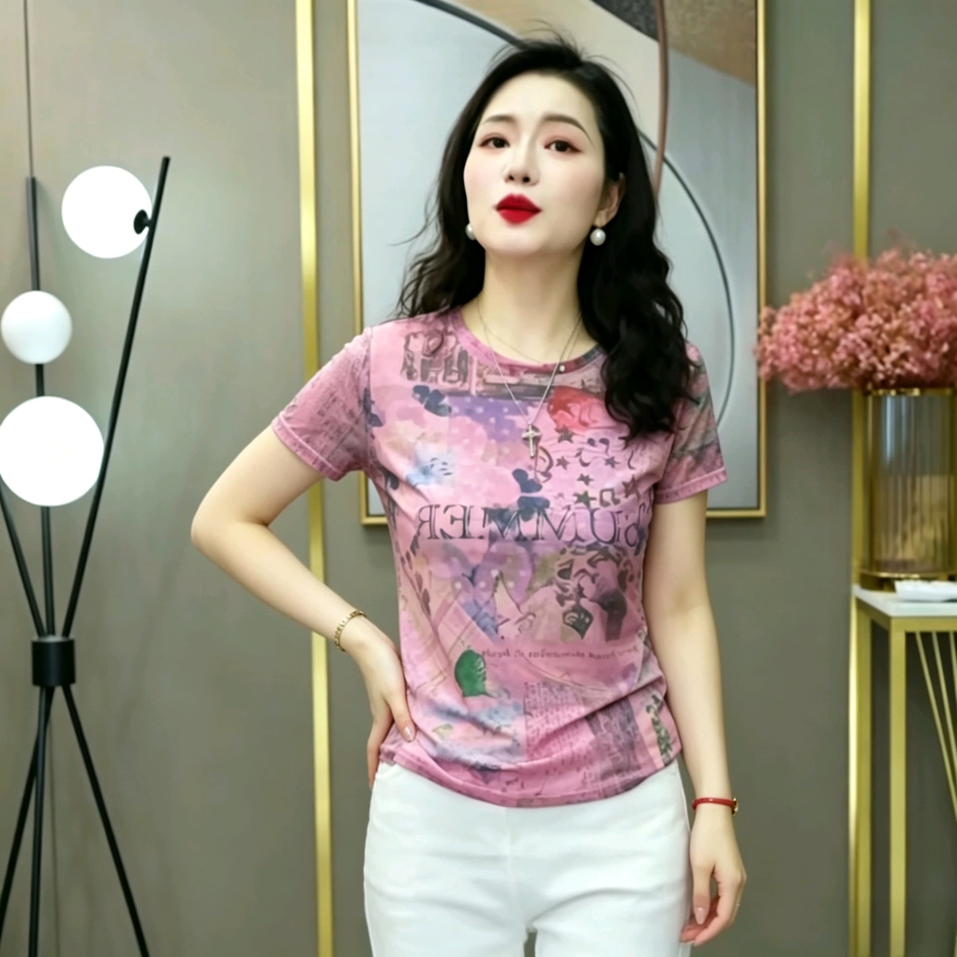 이중층 망사 프린트 티셔츠 여성 여름 어머니 드레스 라운드 넥 반소매 외국 가스 디자인 센스 작은 셔츠 맨위 이미지 5