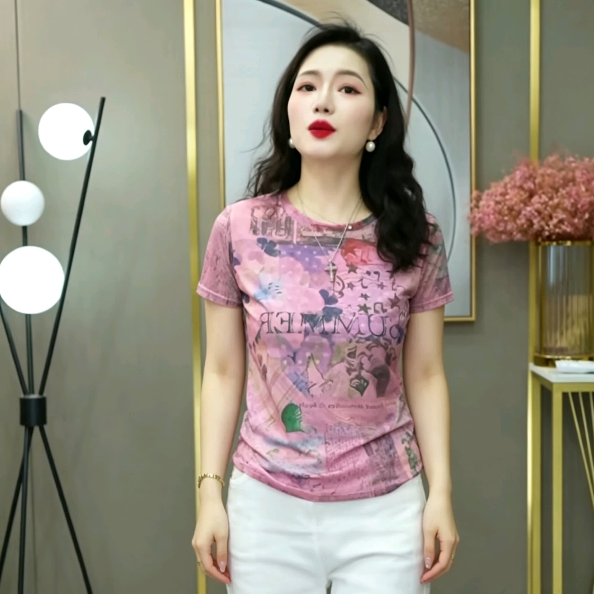 이중층 망사 프린트 티셔츠 여성 여름 어머니 드레스 라운드 넥 반소매 외국 가스 디자인 센스 작은 셔츠 맨위 상세 이미지 3